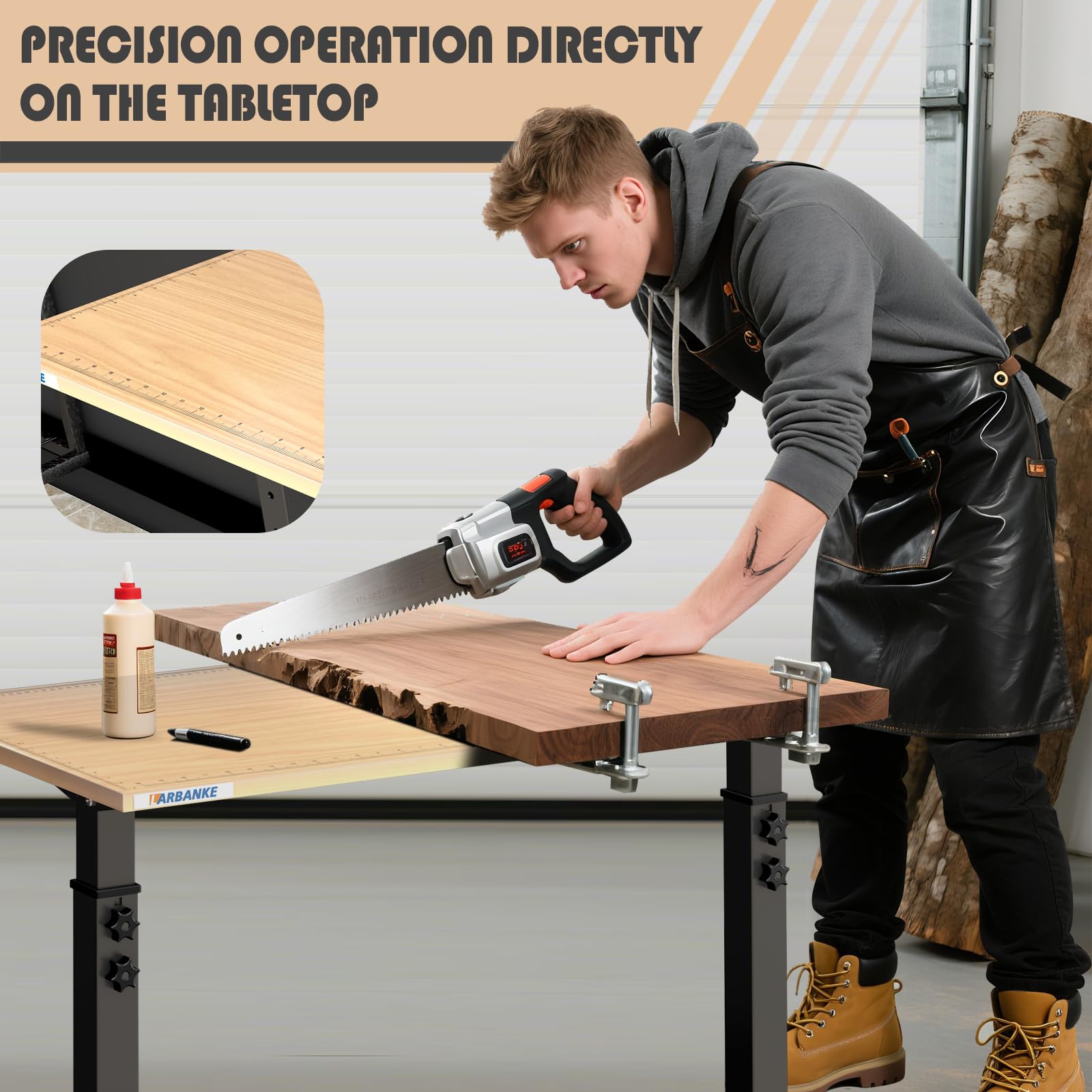 LARBANKE Établi réglable en hauteur (110 cm) avec échelle de précision, table de travail mobile, avec 4 roulettes universelles silencieuses et pieds, réglable sur 6 niveaux (81-106 cm), pour garage et