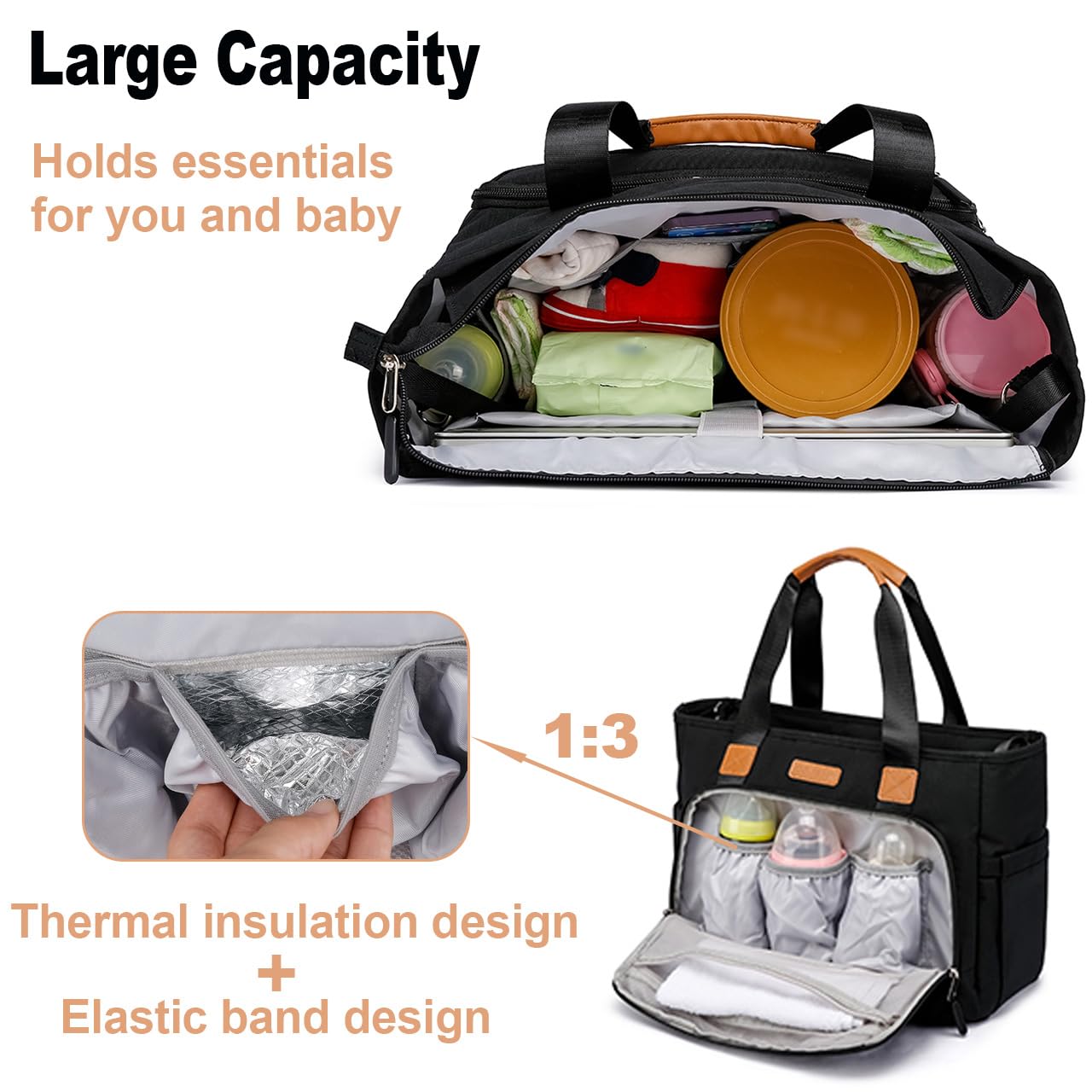 Diaper Tote Bag, 4 in 1 Tote Diaper Bag with 16" Laptop Compartment, Baby Bag with 3 Insulated Pocket for Mam and Dad, Ideal for Travel, Work (Black) Black Diaper Bag Tote