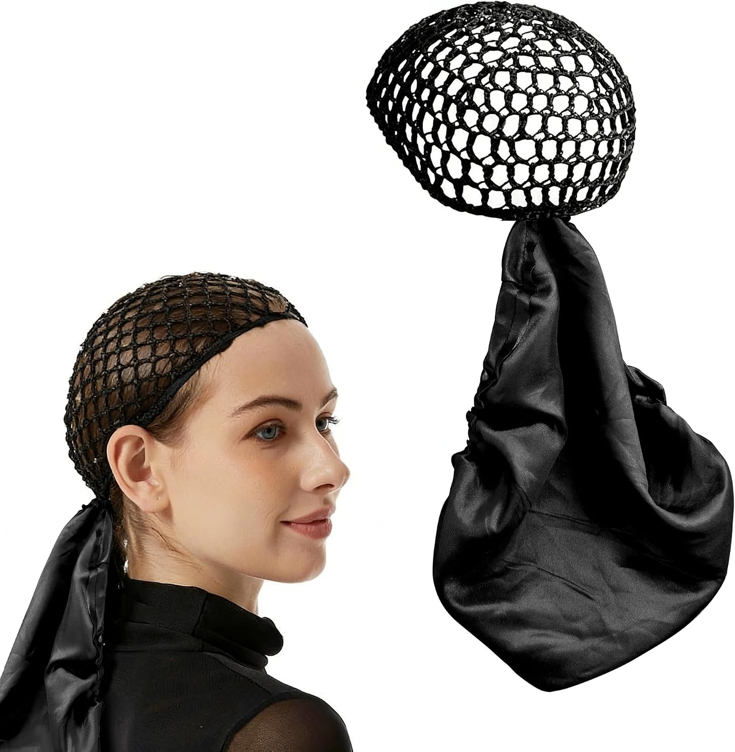 2-in-1 Wrap Cap Bonnet for Silk Press, Silk Press Wrap for Hair, Hair Net with Attached Bonnet, Scarf-Style Hair Wrap for Sleeping, Snug Fit for Curly Natural Relaxed Braided Hair, Black