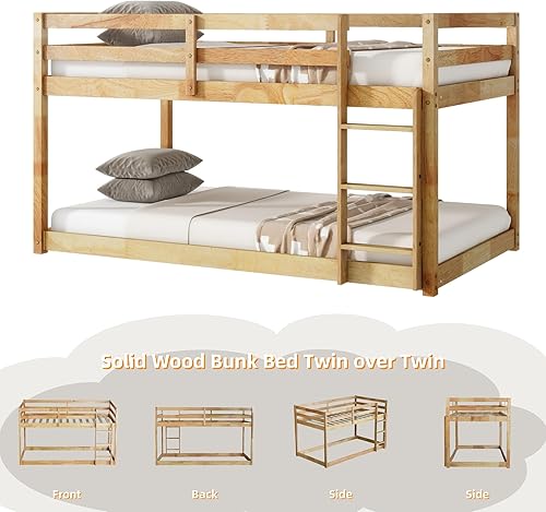 Miniatura 41 de Litera baja individual sobre individual, base de cama de madera maciza con escalera y barandillas de seguridad, literas individuales para niños y