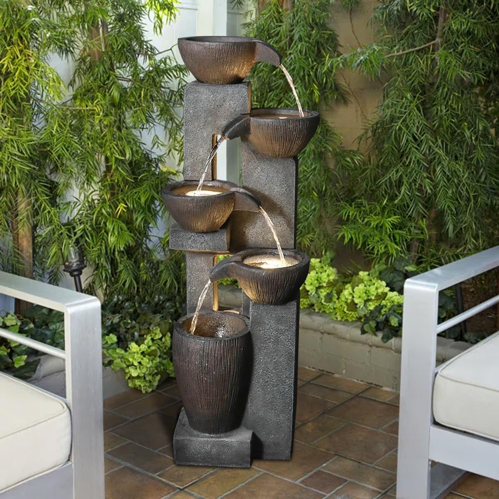 Naturefalls 5-Tier Outdoor Water Fountains with LED Lights - 39”H Floor Standing Indoor Water Fountains for Garden, Patio, Deck, Porch - Yard Art Decor (Grey, 39H inches)