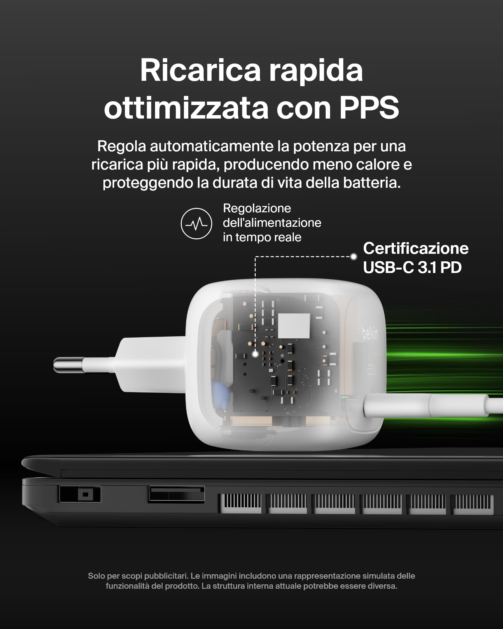 Belkin Caricatore USB-C da 65 W, Ricarica rapida, Caricatore da muro USB-C per telefono, funziona con iPhone 16-15-14-13, Galaxy S25, Google Pixel 9, MacBook, iPad, AirPods, Chromebook ecc - Bianco