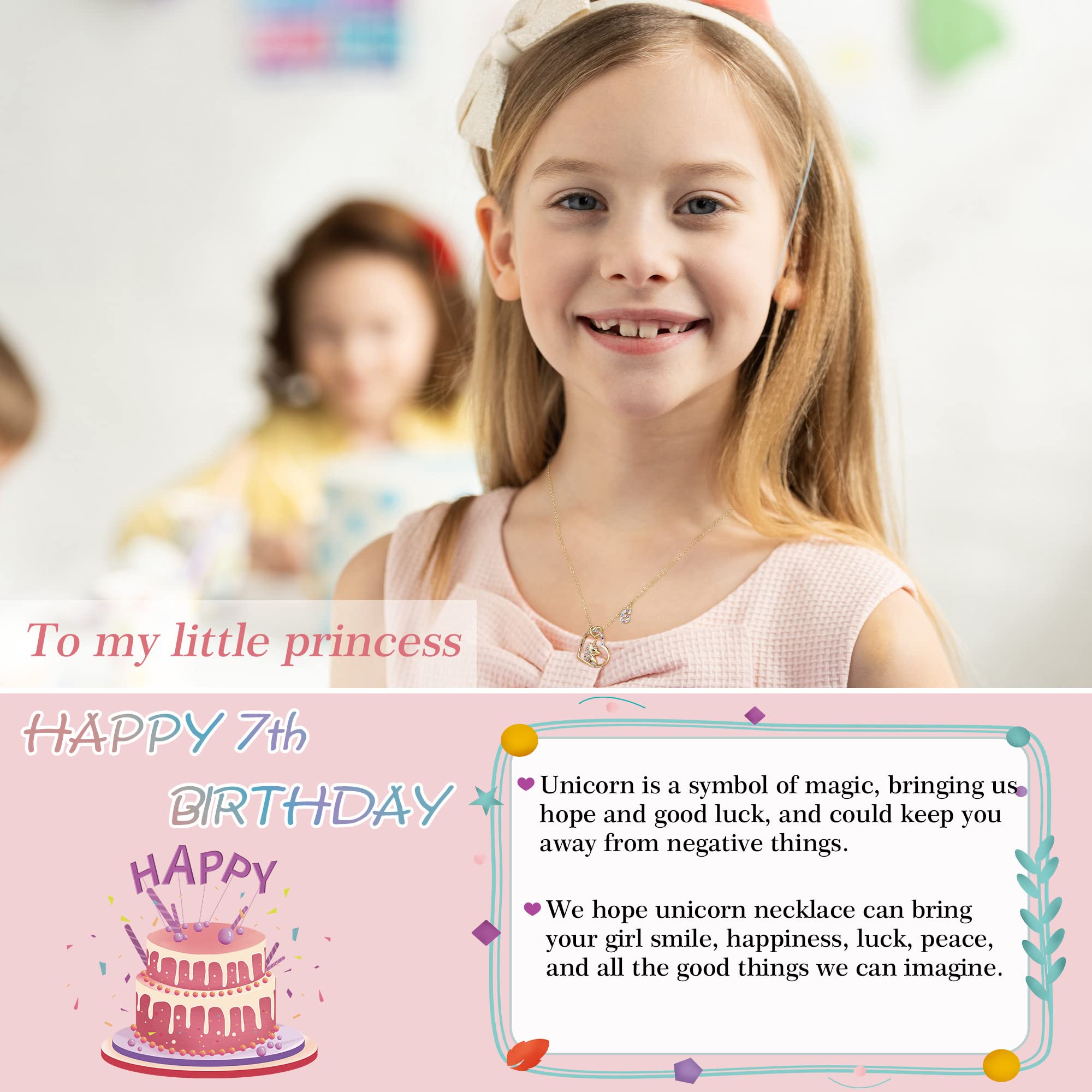 Hidepoo 7 Year Old Girl Birthday Gifts - Gold Plated Colorful CZ Heart Pendant Unicorn Necklace Girls Jewelry for 7 Year Olds