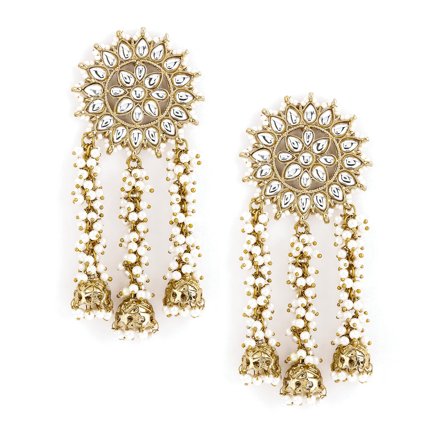 Women's Gold Plated Handcrafted Kundan With Pearls Embellished Multi Jhumka Earrings-image-37