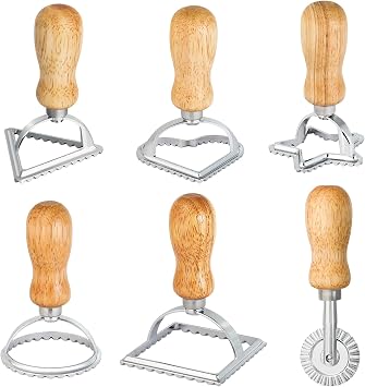 6PCS Ravioli Stamp Maker Cutter,Roller Wheel Included,Pasta Maker Mold with Wooden Handle and Fluted Edge,5 Different Shape Cutters,for Ravioli,Pasta,Dumplings Lasagna,Pierogi