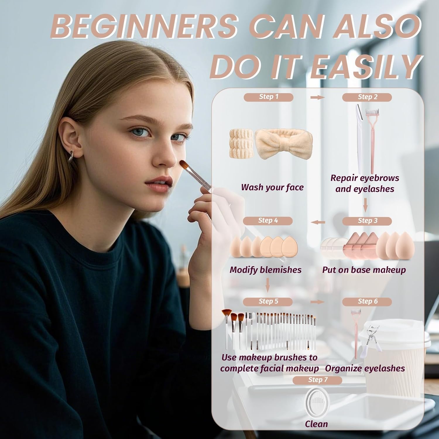 Makeup Brush Set, 52Pcs Makeup Tool Set Premium Synthetic Foundation Concealers Powder Eye Shadows Makeup Brushes Kit for for Beginner Professional, Beige - Image 3