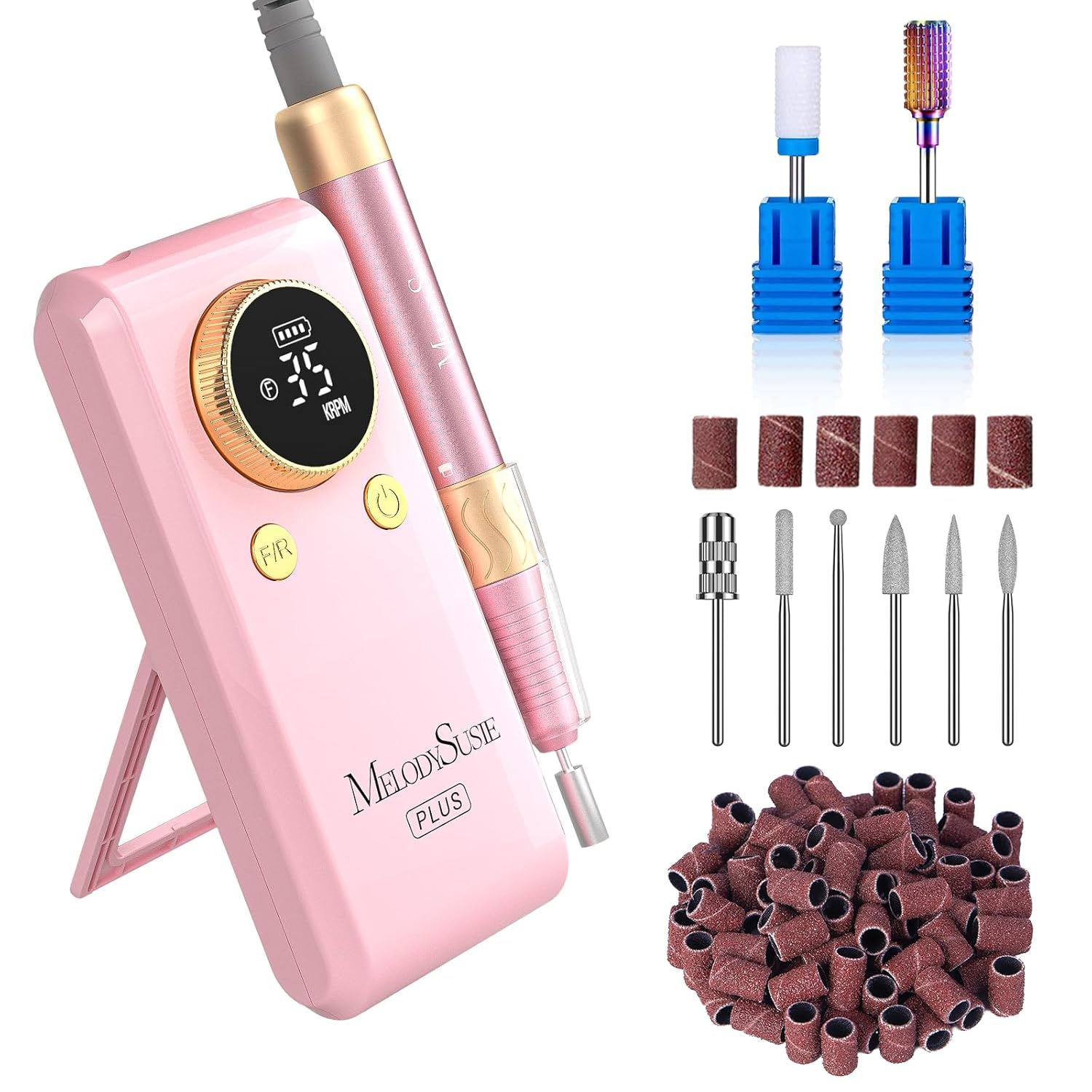 MelodySusie Clip-On Rechargeable 2-in-1 Nail Drill with Adjustable Built-In Stand,SM330G 35000RPM E-File with Lightweight Handpiece for All Manicure Shaping & Gel Removal for Advanced Home & Salon Use