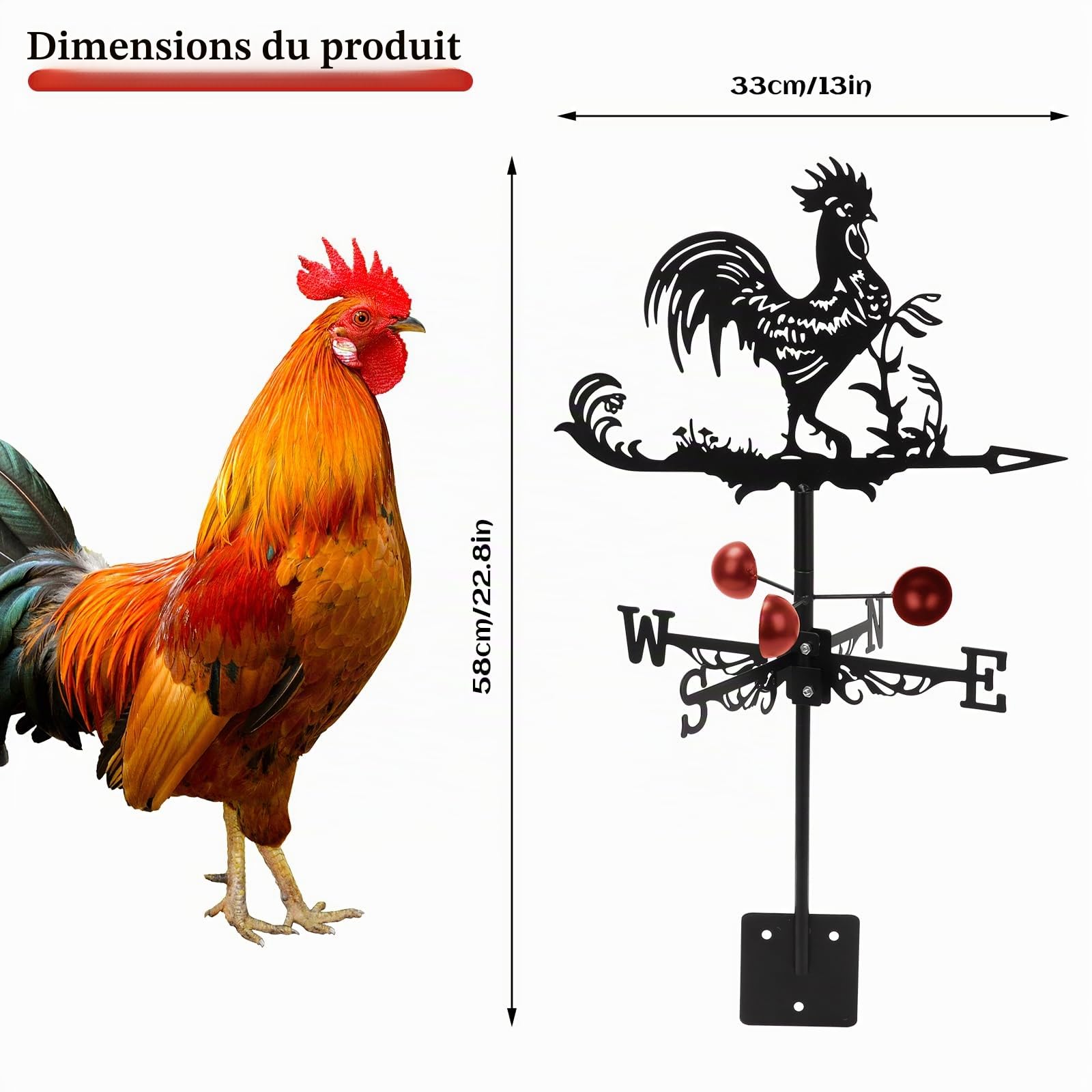 Girouette Rétro en Métal, 13x22 Pouce Girouette de Jardin Exterieur, Design de Coq Indicateur de Direction du Vent, pour Jardin et Ferme Deco Toit Exterieur (Coq)