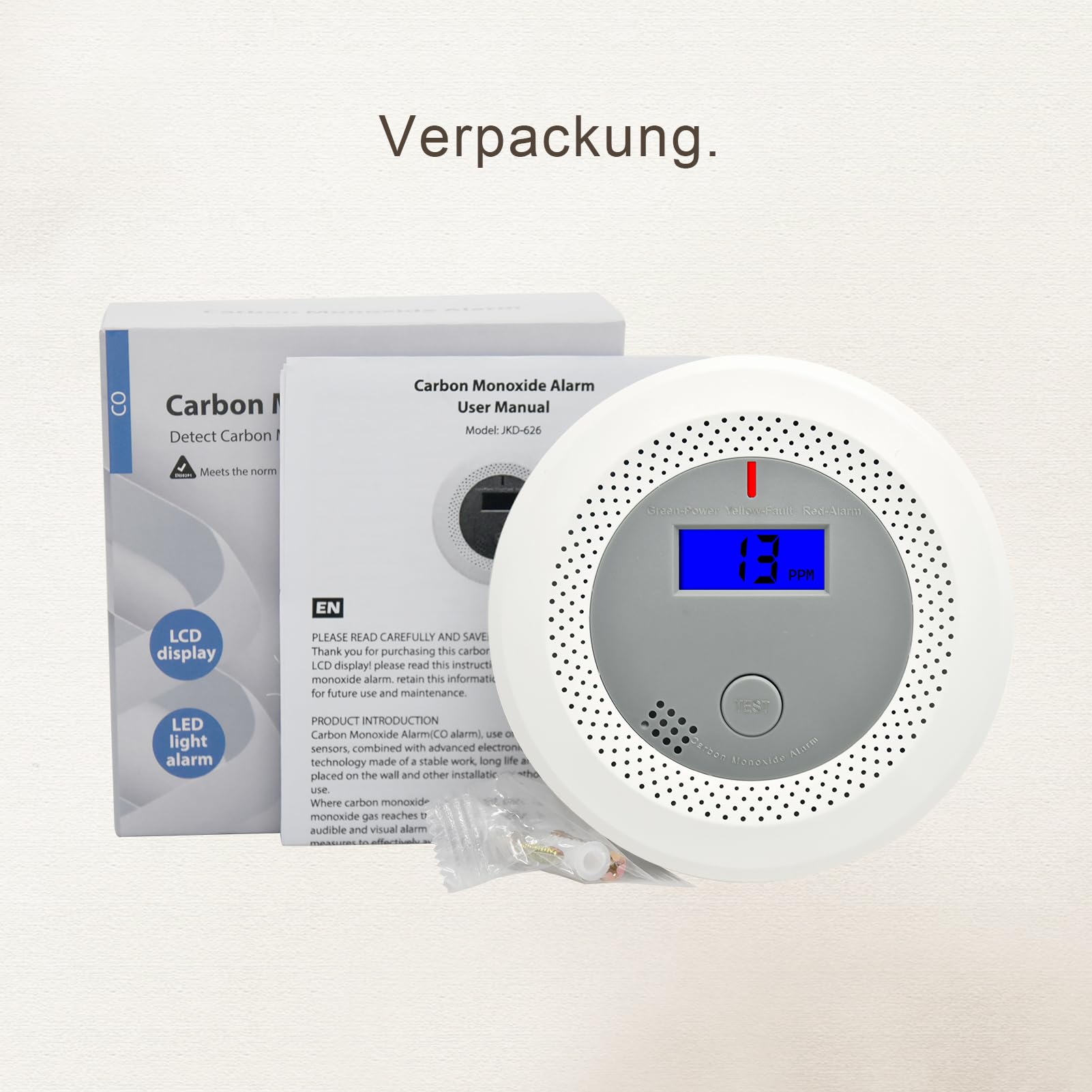 Kohlenmonoxidmelder mit 10-Jahres-Lithiumbatterie, Sprachalarm & LED-Display – CO-Warnmelder EN50291 Zertifiziert, für Haus, Wohnung, Wohnmobil（2 Stück）