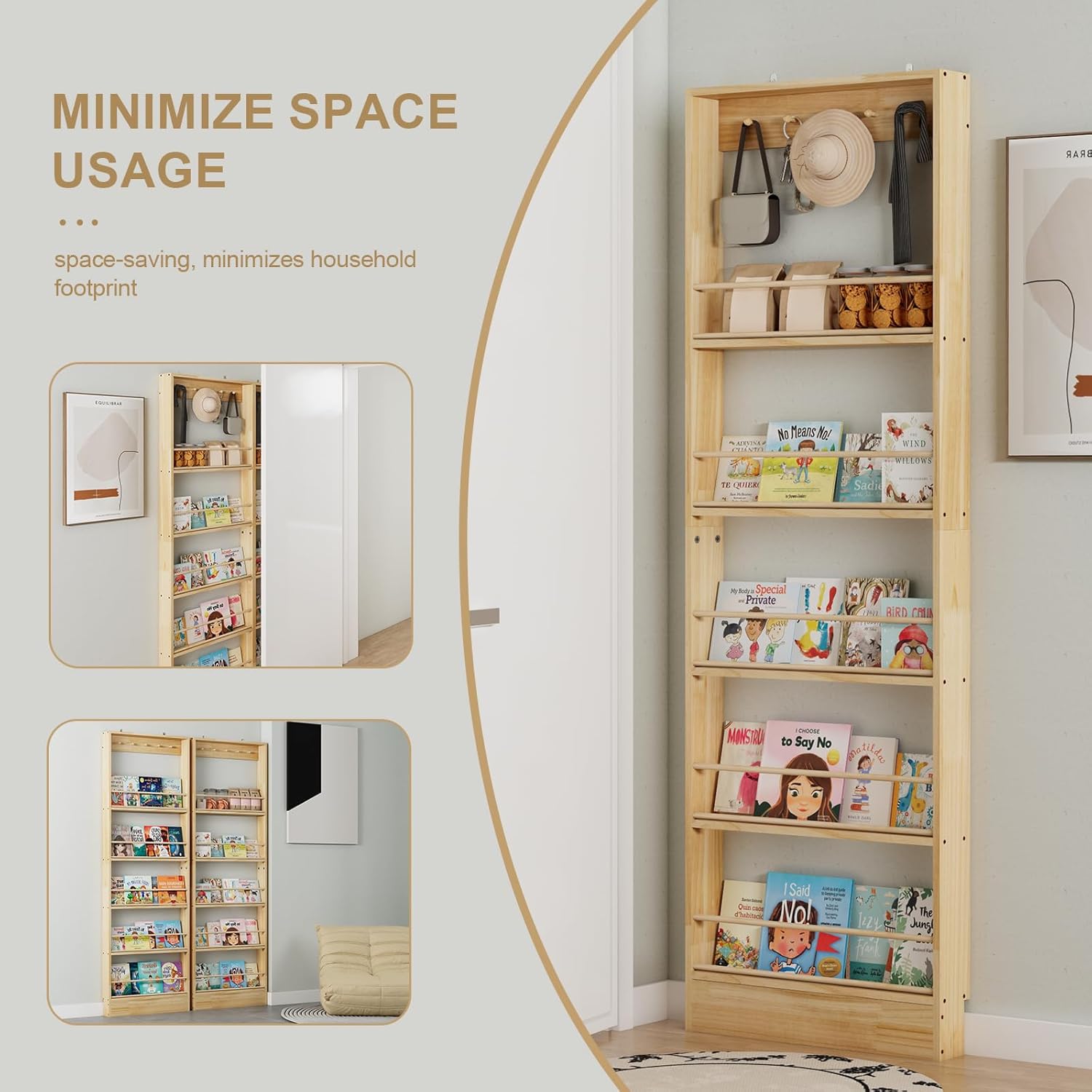 Kids Bookshelf, Wall Mount Shelf with Hooks, Bookshelf Wall Mount Suitable for Bedrooms, Living Rooms, and Children's Playrooms