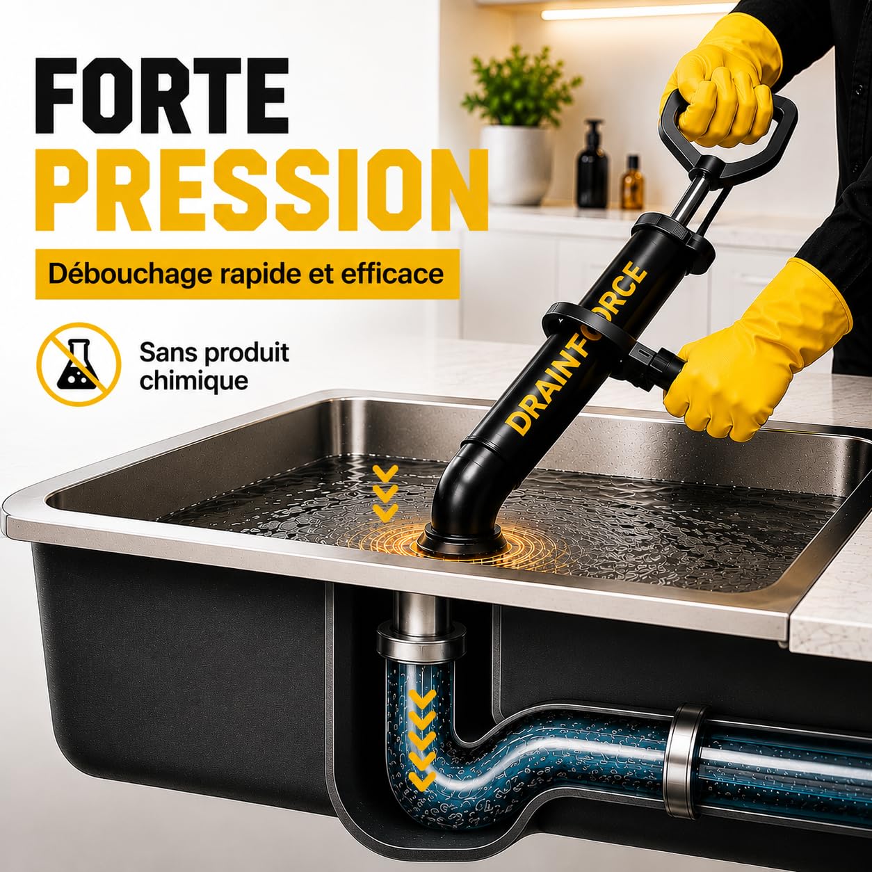 Déboucheur à Pompe Haute Pression – Pompe à Déboucher WC, Évier, Douche – Déboucheur Canalisation Puissant Sans Produits Chimiques – 3 Buses + Gants + Sac de Rangement