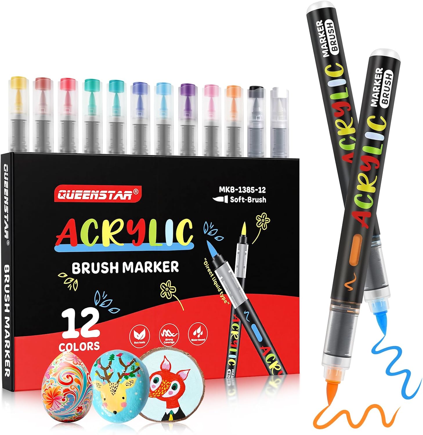 48 Colors Acrylic Paint Markers Brush Tip, Direct Ink Acrylic Markers Set with Brush Tip, Waterproof Paint Markers for Rock, Wood, Glass, Canvas, Ceramic, Fabric & DIY Crafts