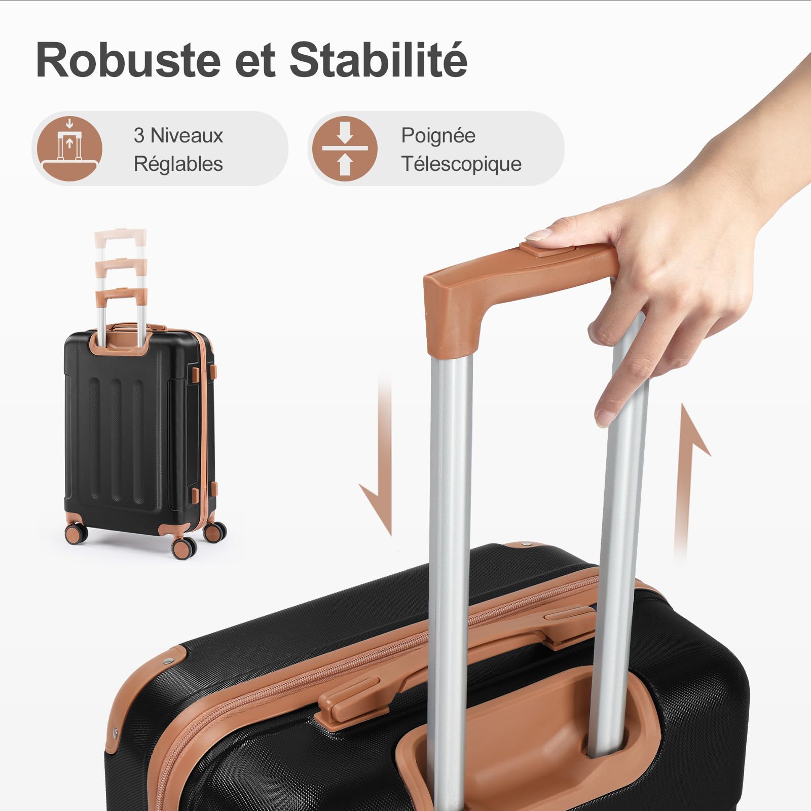 LEADZM Set de 4 Valises de Voyage avec Vanity Case, Valise Grande Taille & Cabine, Set de Bagage pour Voyage, ABS avec Coins Renforcés, roulettes Pivotantes 360° et Cadenas - Noir-Marron