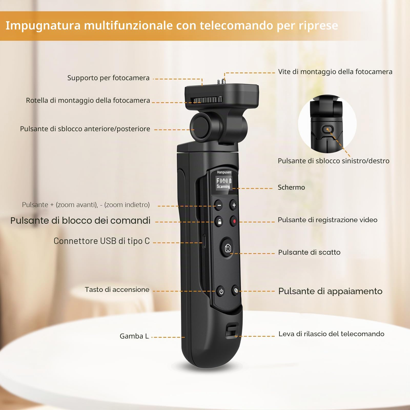 Mini treppiede con telecomando ricaricabile per Fujifilm X100 VI/X-M5/X-T30 II/X-E5/X-T5/X-T5/X half/X-H2S/X-S10/X-S20/X-T50/X-T4/X-T3