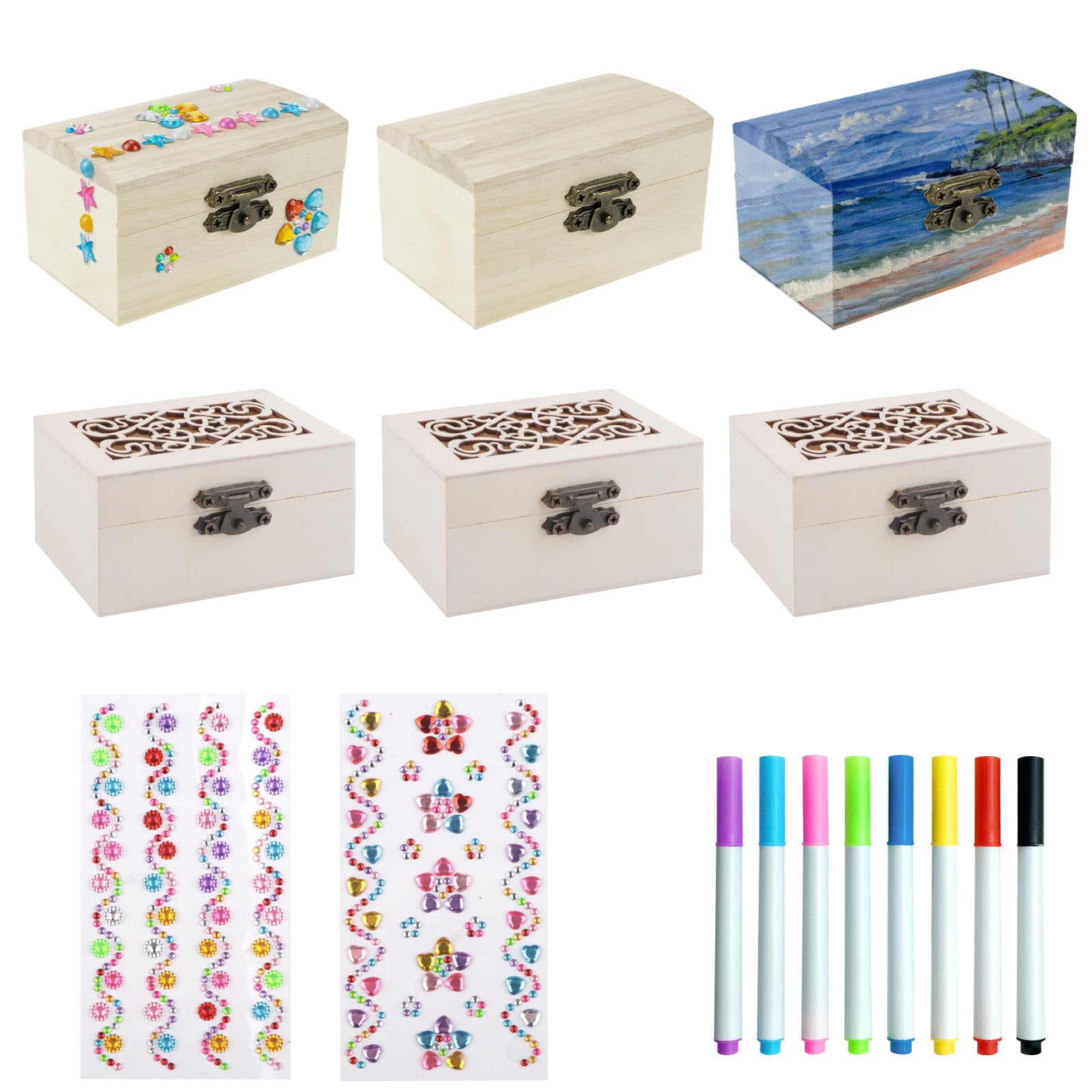 ZIGefofo 6 Piezas Cofre del Tesoro de Madera con 2 Pegatinas y 8 Pluma de Acuarela Cajas de Madera para Decorar Creativas para Niños Set de Manualidades Fiesta Pirata Cumpleaños Bricolaje