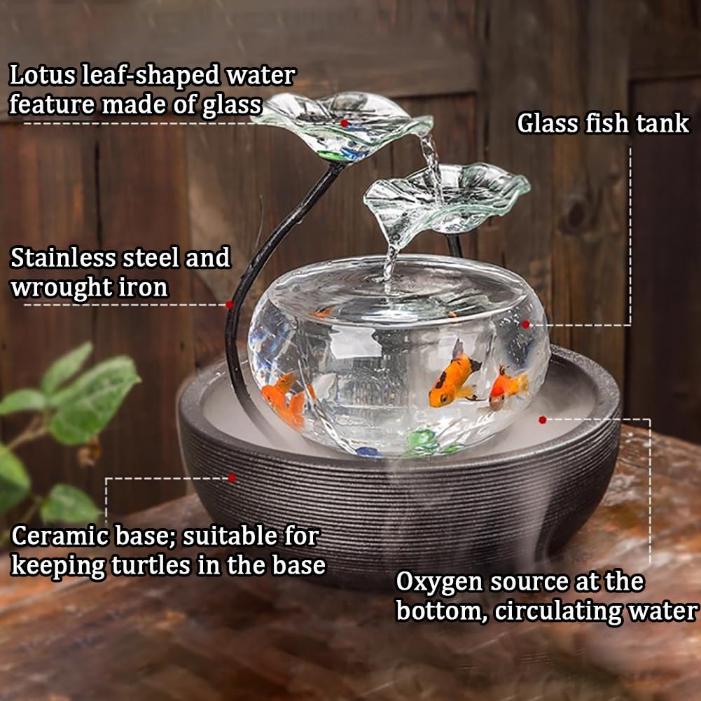 Lotusförmiges Springbrunnen-Aquarium Aus Glas, Kleines Tisch-Aquarium, Luxuriöses Aquarium-Wasserspiel Mit Keramiksockel, Zen-Inspirierte Wasserfalldekoration,C