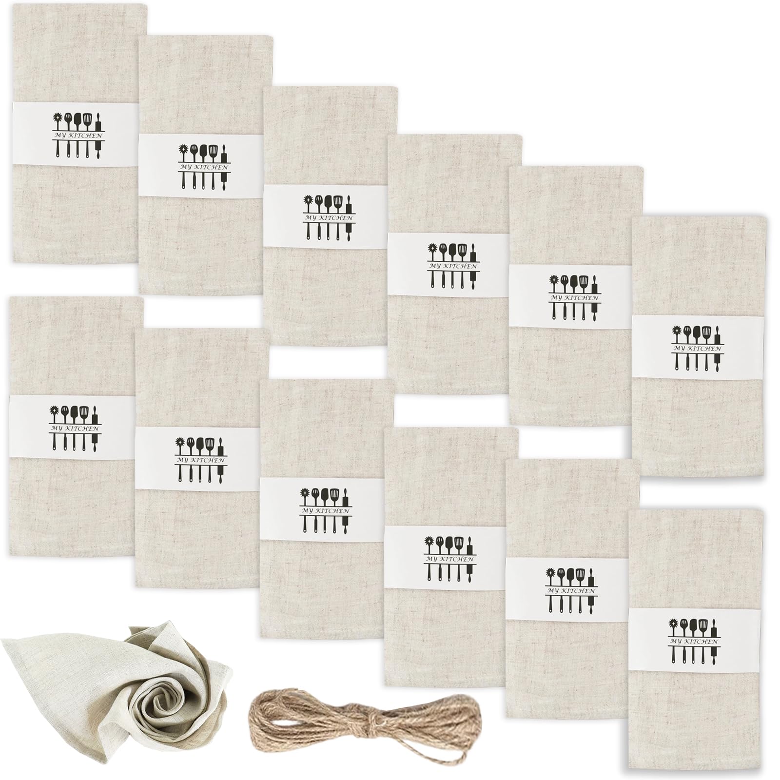 Lot de 12 serviettes en tissu, 40 x 40 cm, réutilisables, en tissu, 100 % naturel, en lin, en coton, décoration de table pour mariage, anniversaire, cuisine (beige)