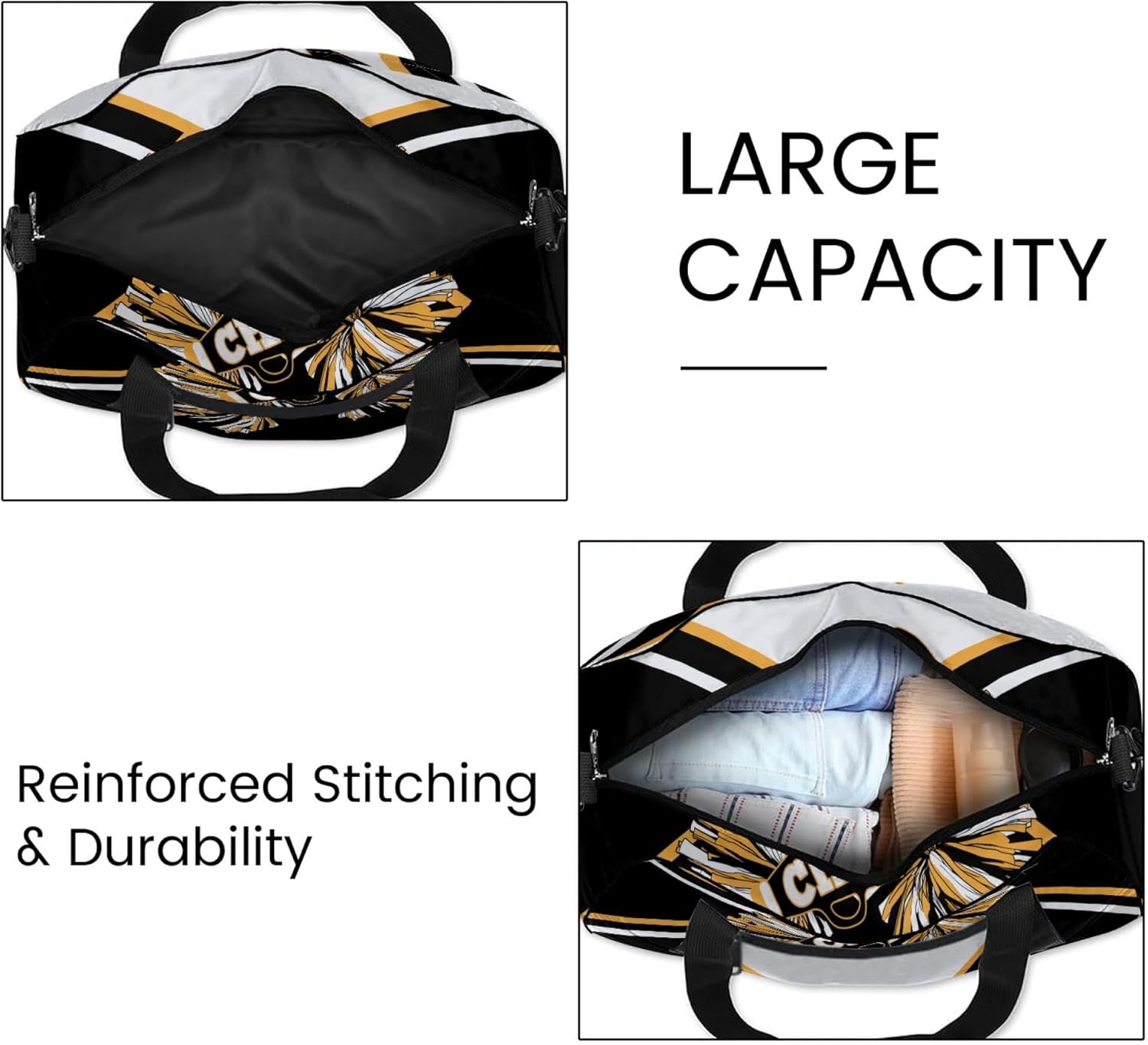 Personalized Cheerleader Duffle Bag with Name Custom Gym Travel Sports Bag for Women Cheer Team (Black&White&Gold)