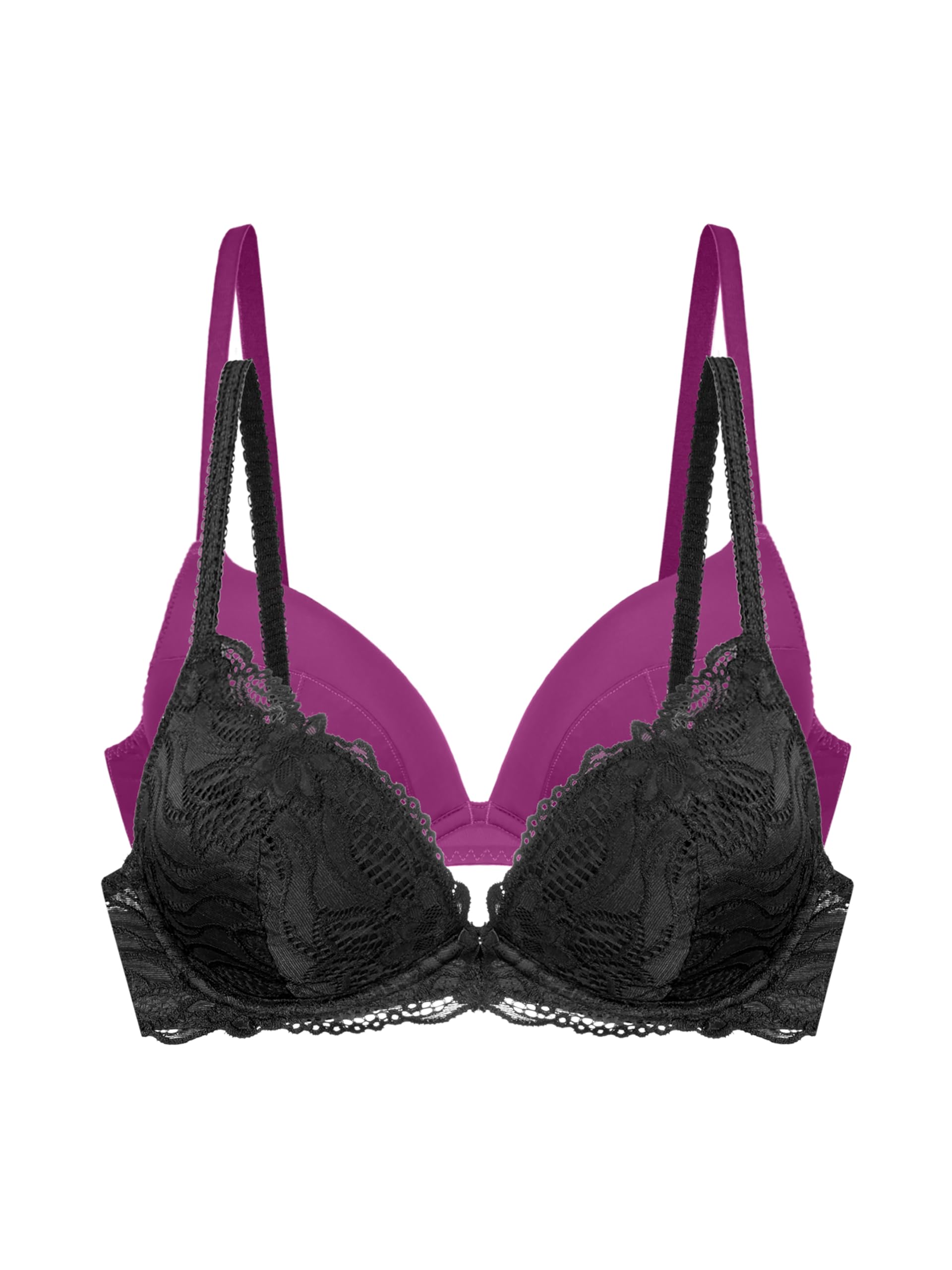 DORINA Angie Two-Piece Push-Up Plunge Bra Pack – Lace & Micro Fabric, Removable Cookies, Underwired Support, Black and Fuchsia