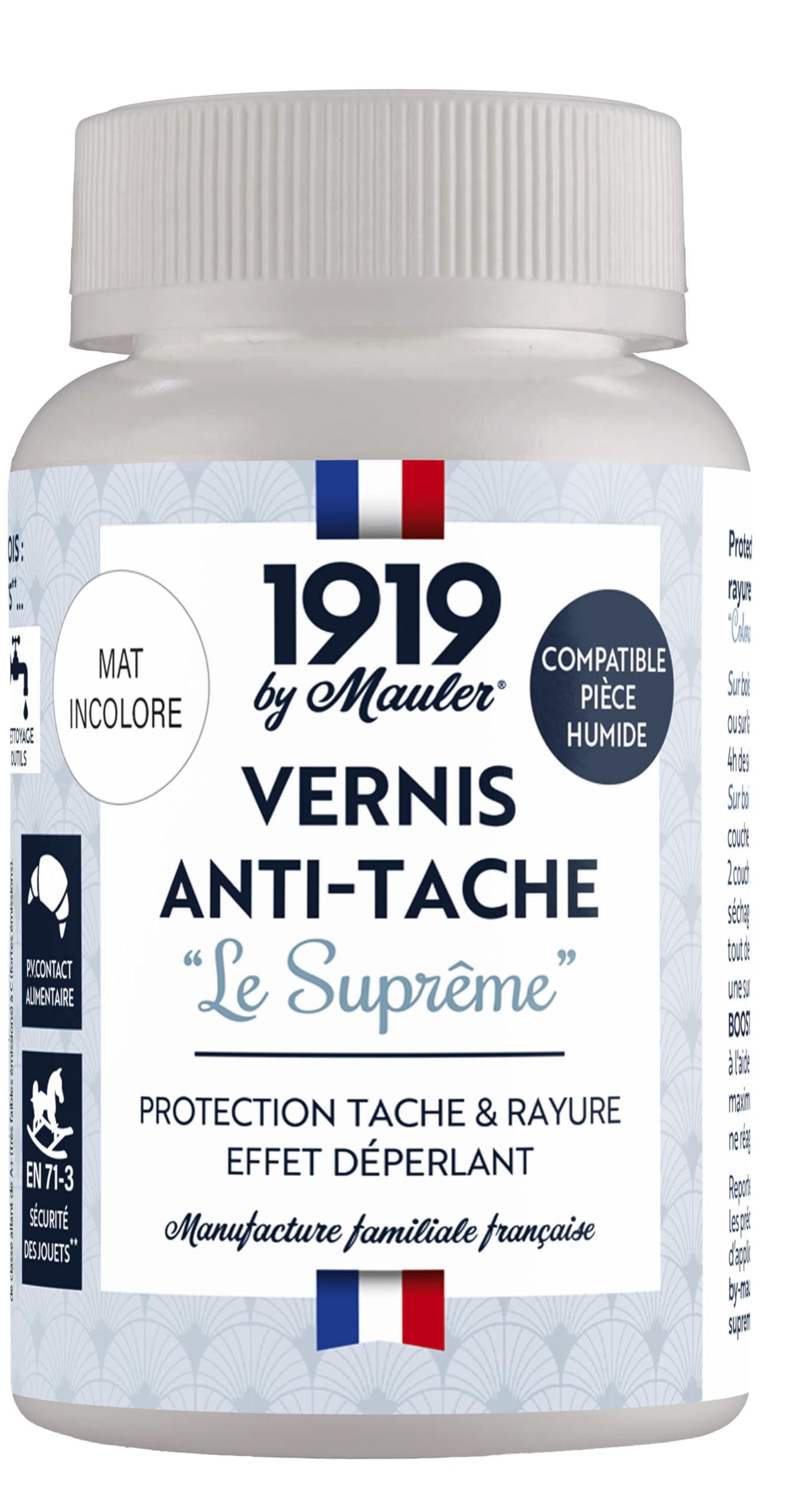1919 BY MAULER - Vernis bois et peinture Multisupport Le Suprême - Mat Incolore - 220ml - Anti-​Rayure, Anti-​Tache - PV Contact Alimentaire
