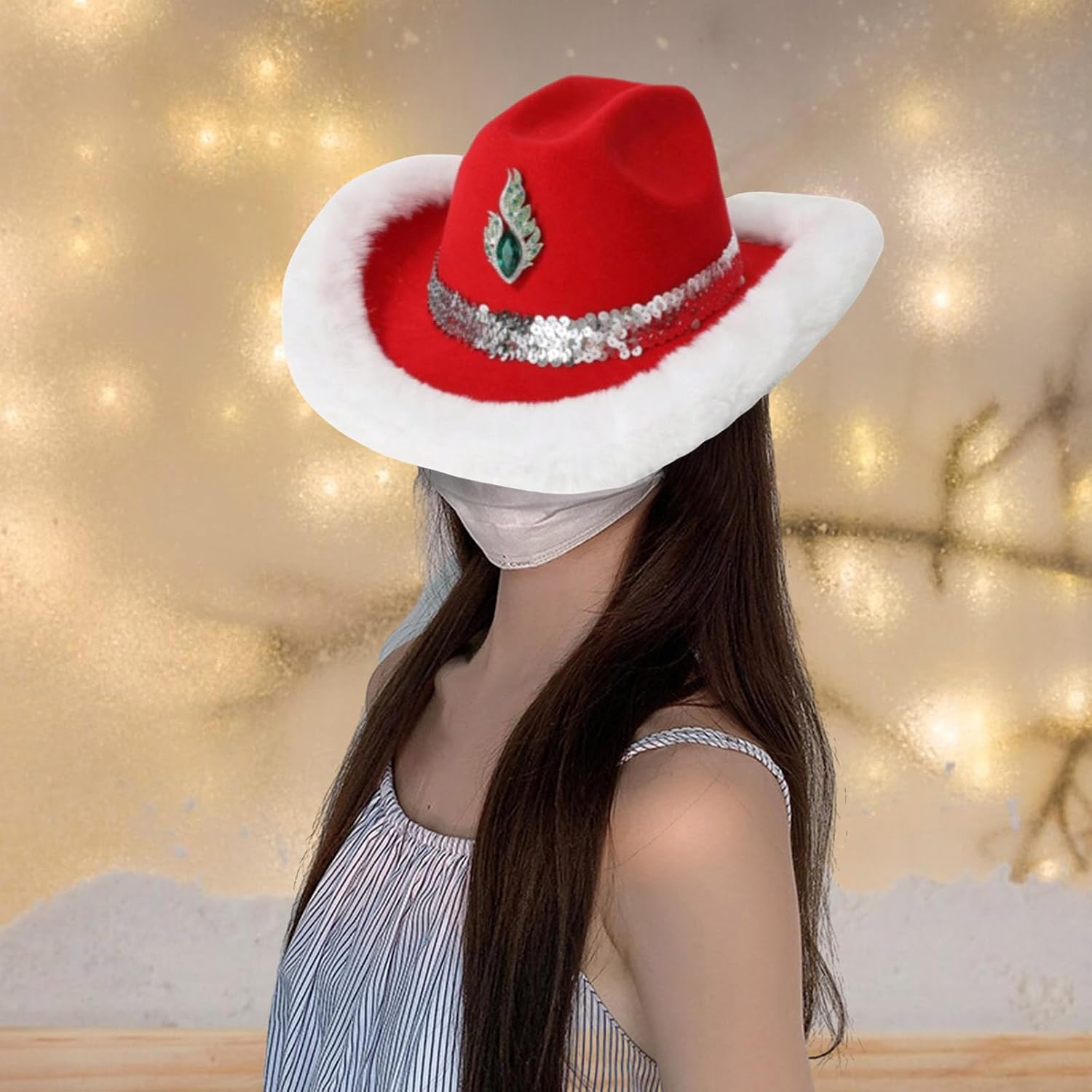 Cowboy Hat,Furry Homburg Sequined Hat Belt for Women Men Photo Props Western for Men Women Unisex Wear Headwear
