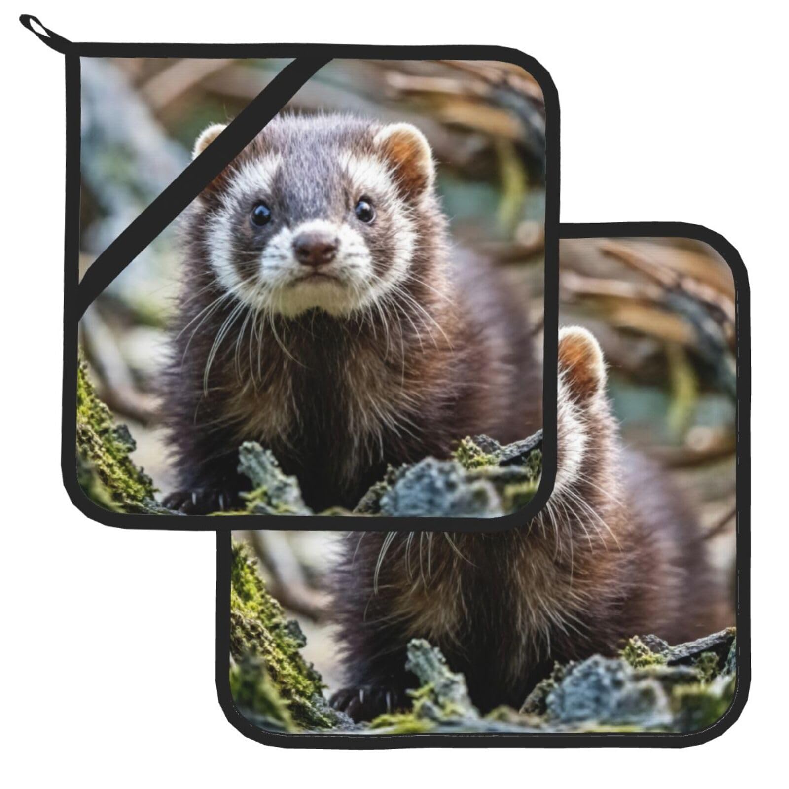 Pot Holder Set of 2 Heat Resistant Kitchen Potholders Hairy Ferret Pot Holders Kitchen Trivets with Hanging Loops Washable Oven Hot Pads for Cooking Baking BBQ