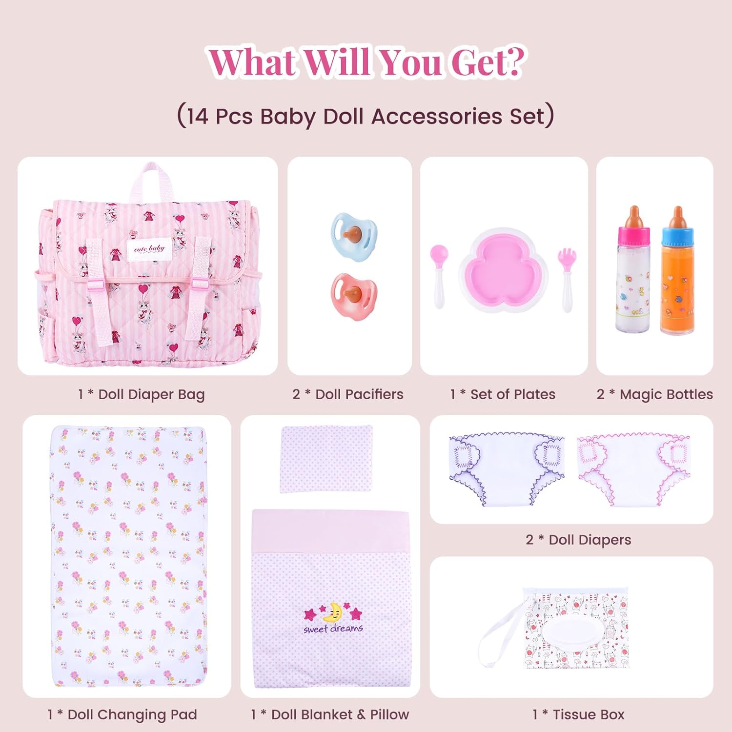 BABESIDE 14 Pcs Baby Doll Accessories Set for 12-15 Inch Babydolls - Baby Doll Diaper Bag Set with Dolls Bedding, Changing Pad & Babydoll Feeding Accessories for Kids Pretend Play Toys
