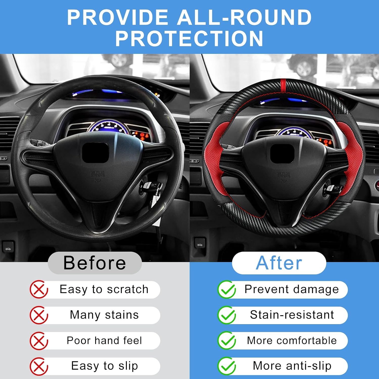 Carbon Fiber DIY Stitching Steering Wheel Cover for Honda Civic 8th Generation 2006 2007 2008 2009 2010 2011 3 Spokes Accessories, Full Wrap Microfiber Leather Hand Sewn 13.5-14.5 inches