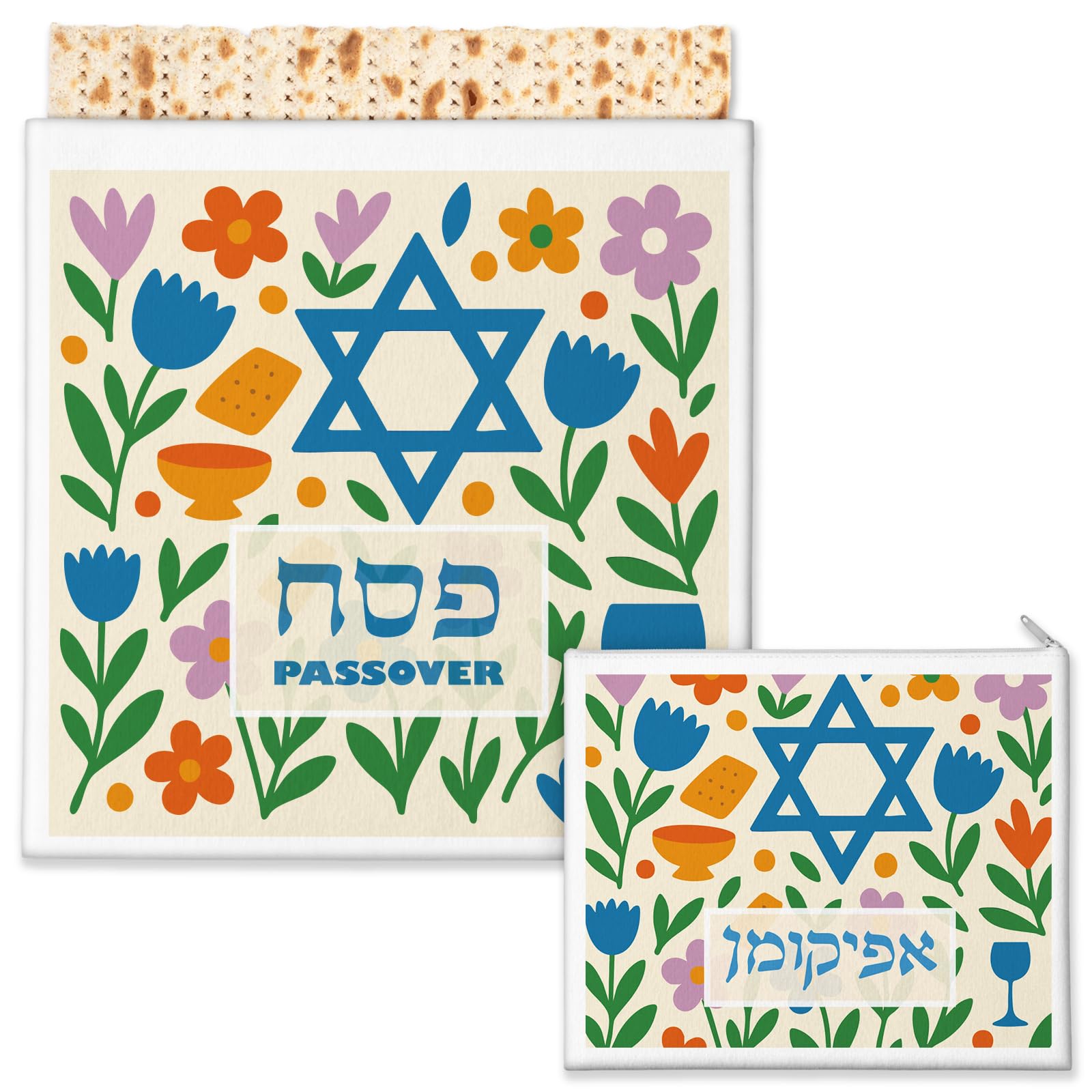 Mindsoft 2 Pcs Passover Afikoman Bags set Passover Seder Afikomen Holder Rustic Matzah Afikoman Cover Bags with 3 Layers Compartment for Pesach Jewish Holiday Party Decor Gifts (Spring Flower) — image 1