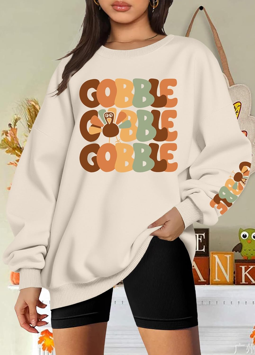 Oversized Thanksgiving Sweatshirt for Women Gobble Turkey Fleece Shirt Happy Turkey Day Long Sleeve Pullover Tops - Image 4