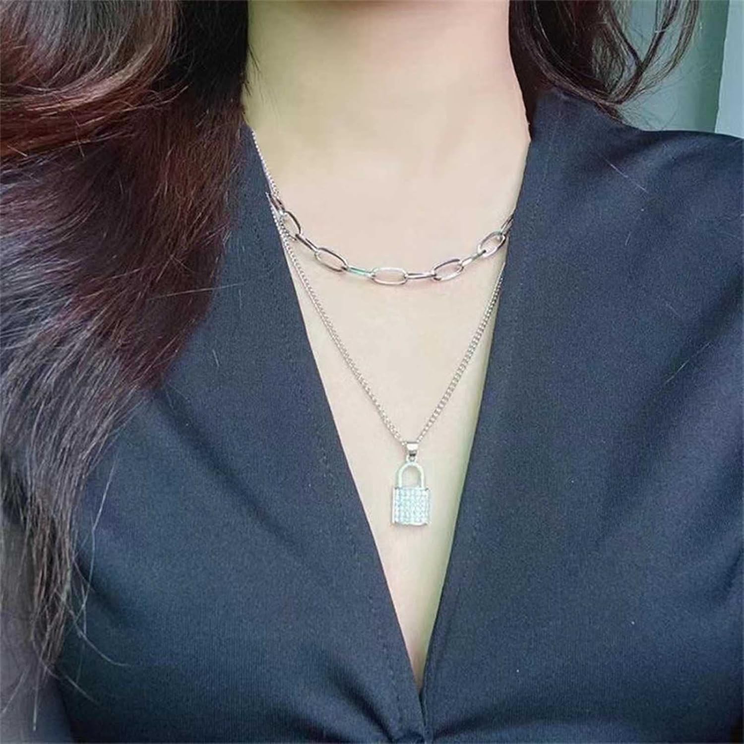 Boho Layered Lock Choker Necklace Silver Paperclip Chain Necklace Crystal Lock Pendant Necklace CZ Padlock Necklace Chain Jewelry for Women - Image 2