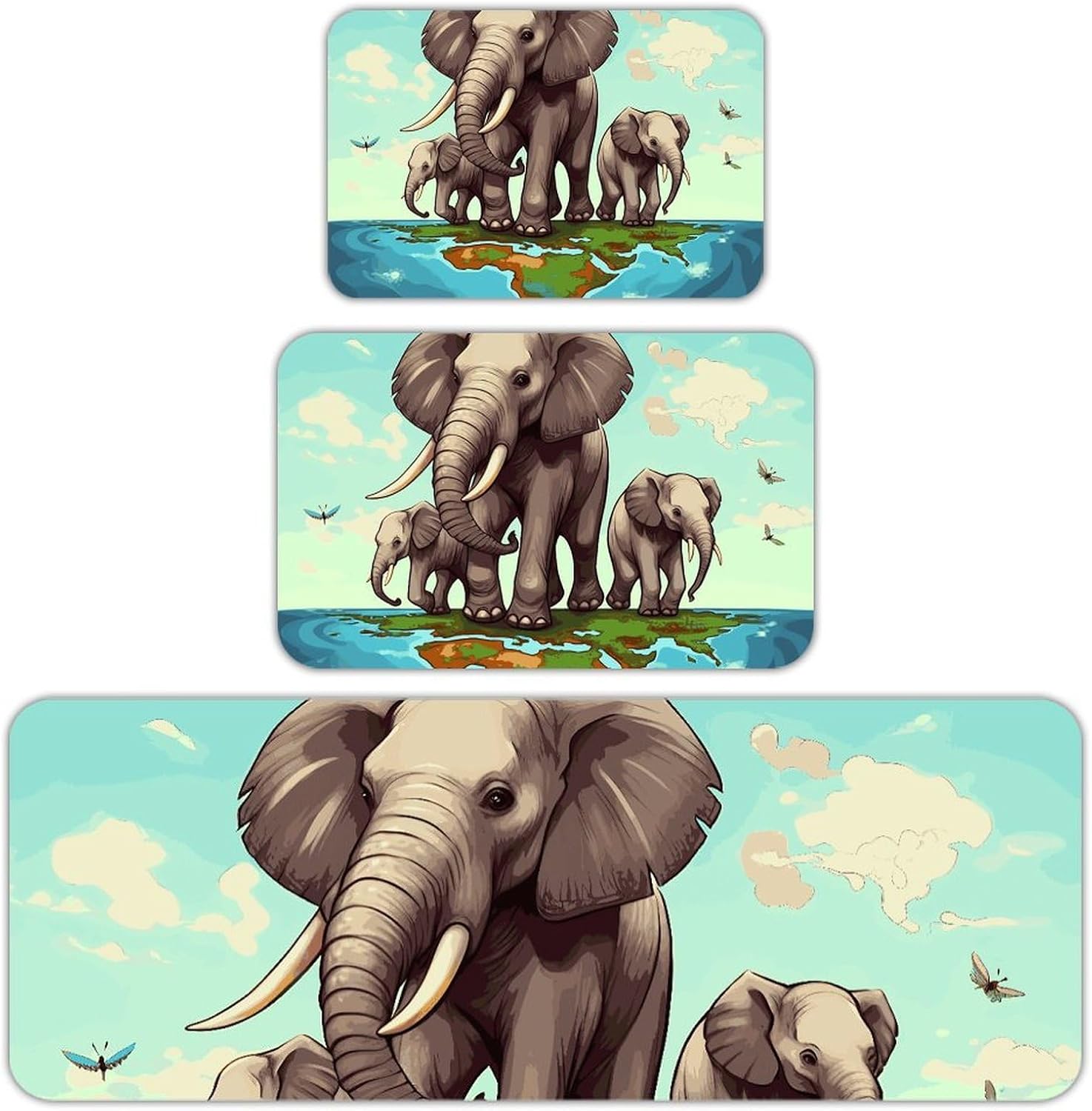 Elephants Kitchen Mats for Floor 3 Pcs Kitchen Rugs