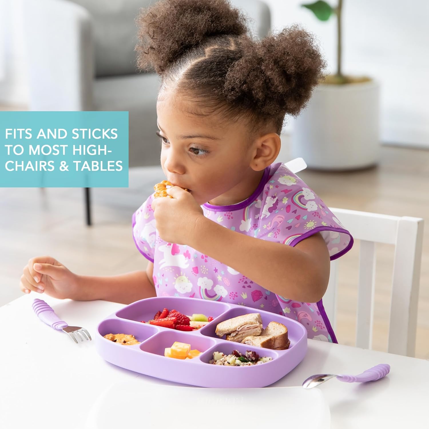 Bumkins Toddler and Baby Suction Plate, Silicone Divided Grip Dish and Lid, Large 5-Section Tray for Kids, Essentials in Children Feeding Supplies, Non Skid Stick Bottom, Ages 6 Months Up, Lavender