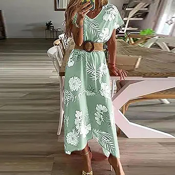 Women's Summer Resort Floral Print Dress，V-Neck Short Sleeve Dress(No Belt)