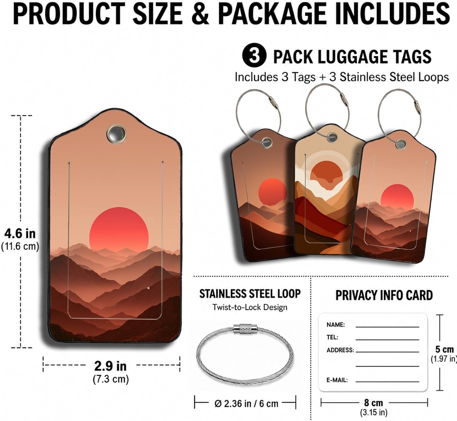 Boho Sun Mountain 3 Pack Luggage Tags, PU Leather Luggage Tags for Suitcase,Name ID Labels with Privacy Cover Suitcases and Metal Loop for Travel Bag Suitcase image 3