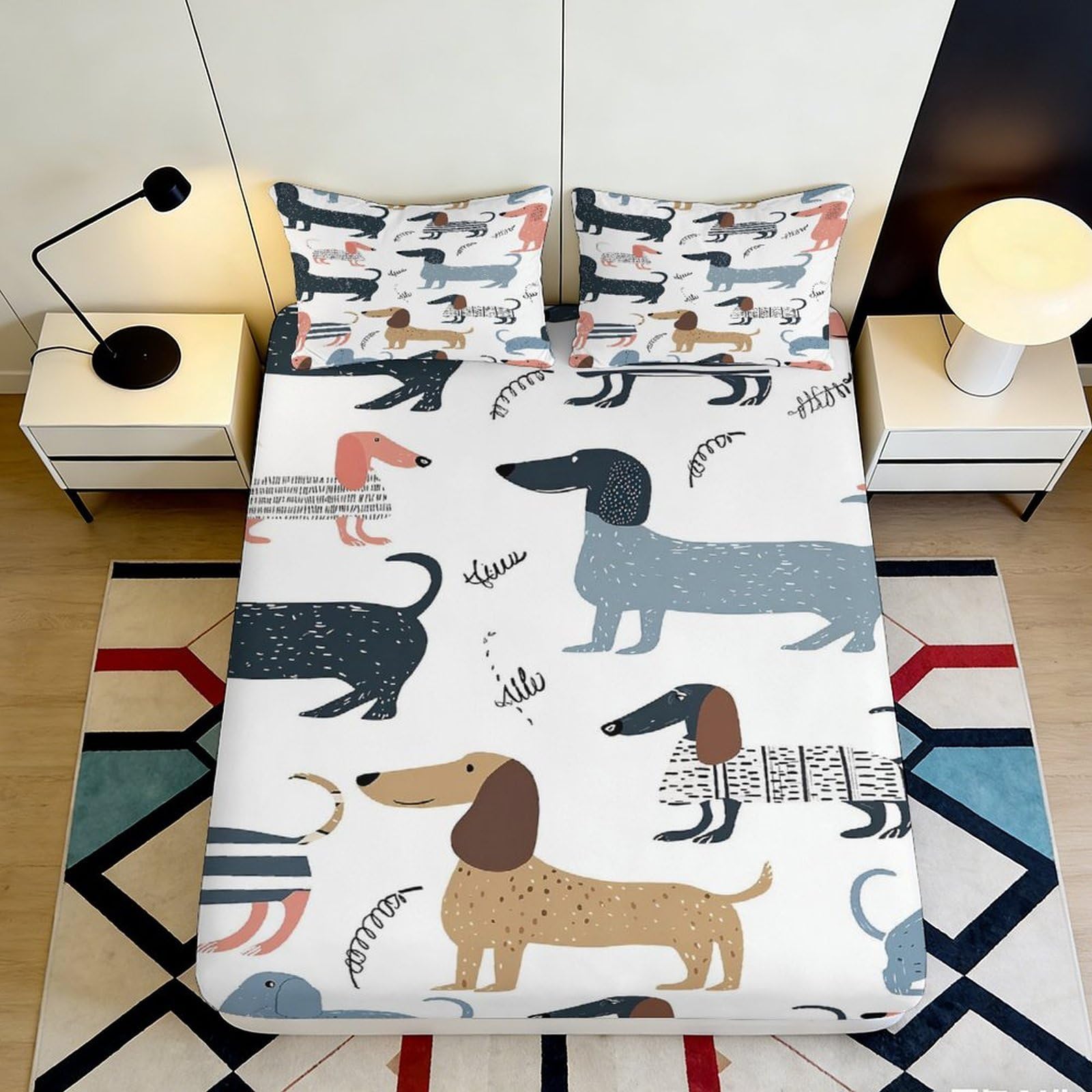3D Printed Dachshund Pattern Fitted Sheet Microfiber Soft Durable Cartoon Dog Bed Cover Mattress Cover for Bedroom Guest Room Dormitory Use 160x200x25cm