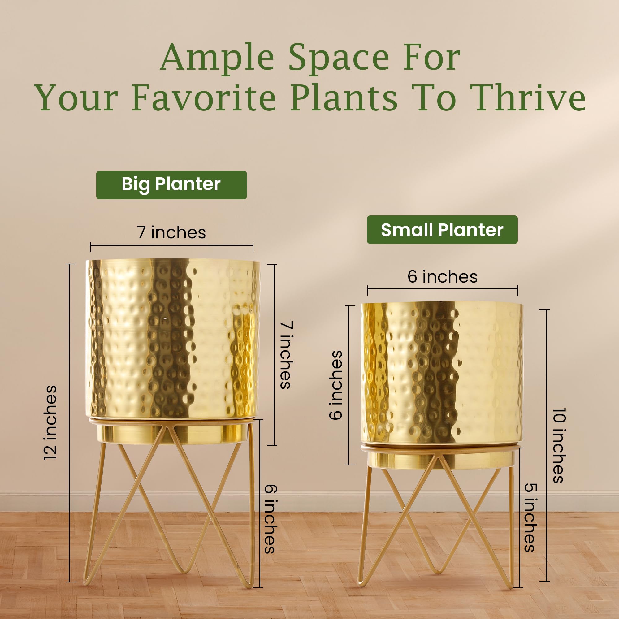HomeShastra® Elle Gold Hammered Metal Planter Set with Stand | 12 Inch & 10 (Height) by 7 Inch & 6 Inch (Dia) | Planters for Living Room, Bedroom Decor (Pack of 2) 1