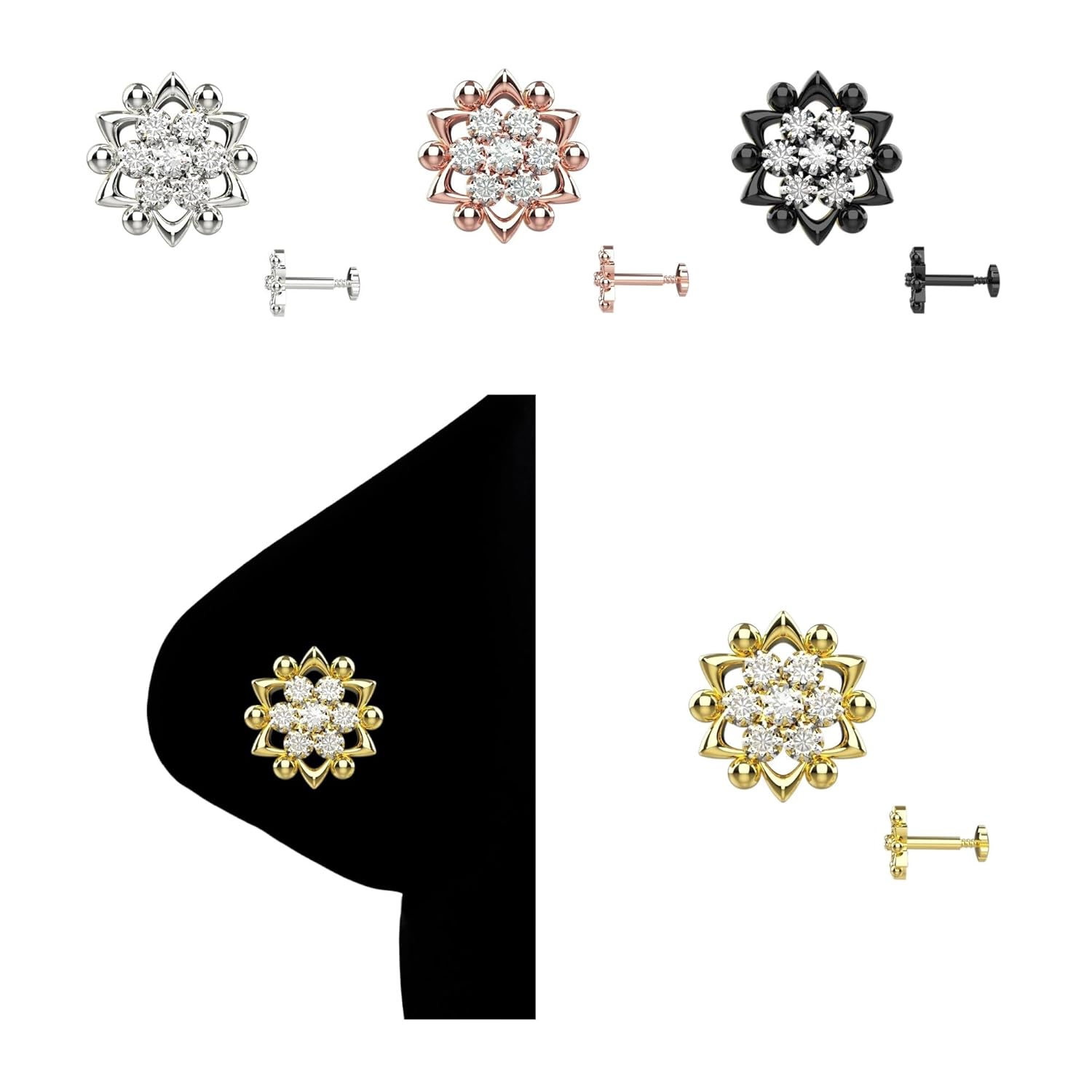 18G 20G Flower Flat-back Studs for Women Trendy Screw Back Nose Rings Fashion CZ Crystal Back Screw Piercing Jewelry