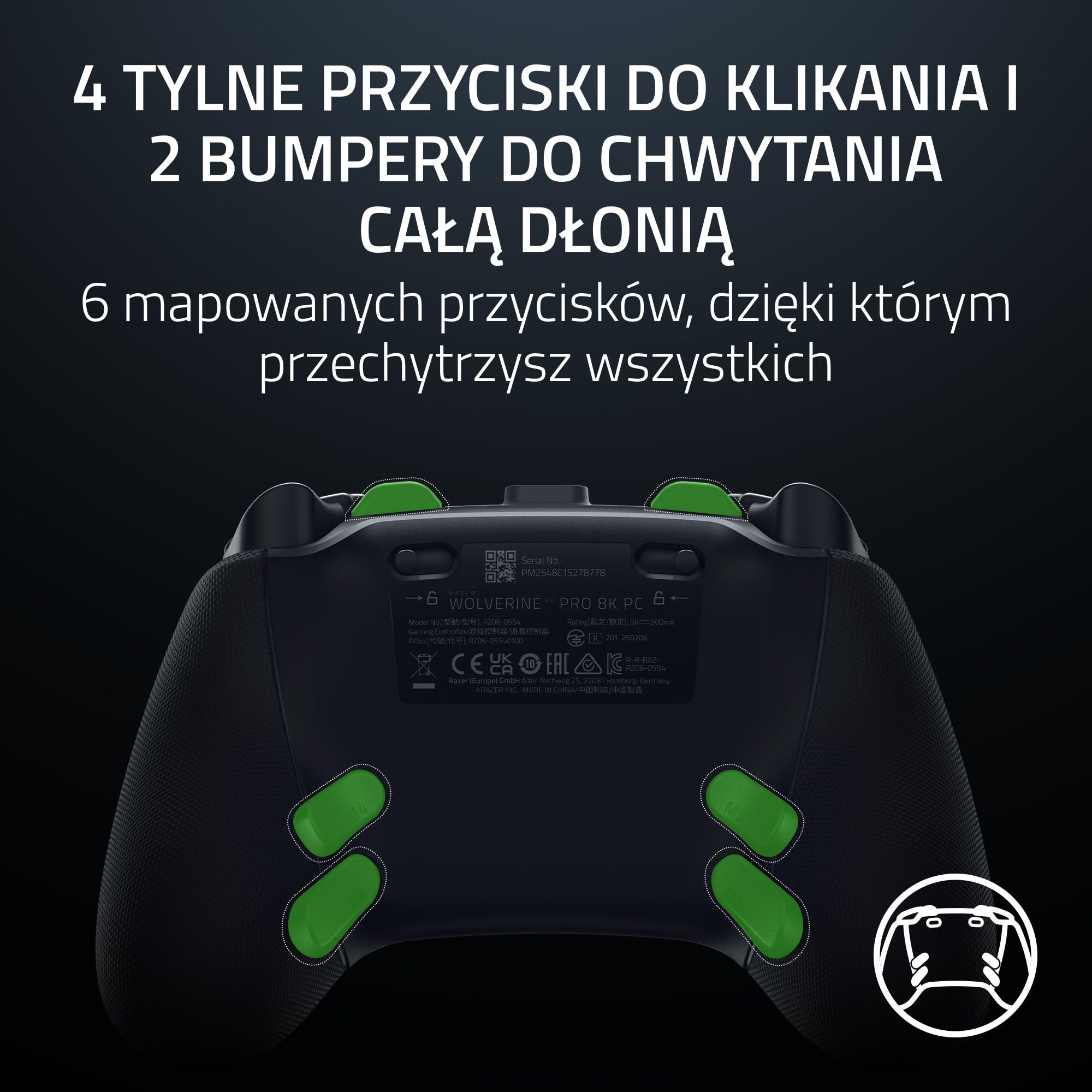 Razer Wolverine V3 Pro 8K PC – bezprzewodowy kontroler e-sportowy do komputerów PC - HyperPolling 8 kHz, drążki TMR z wymiennymi nakładkami - 4 przyciski myszy - Pro HyperTrigger, Czarny