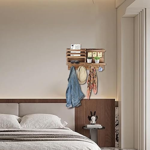 Miniatura 6 de Soporte para llaves de pared, organizador de llaves y correo de madera maciza para pared (autoadhesivo o taladro), 8 ganchos para entrada, pasillo,