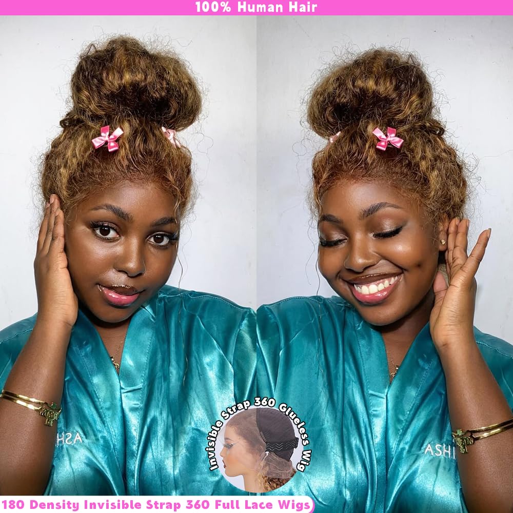 34 Inch 360 Deep Wave Lace Front Wigs Human Hair Hidden Strap Honey Blonde Ombre Lace Front Wig Human Hair Pre Plucked with Drawstring 180 Density Glueless HD Full Lace Frontal Wigs for Women