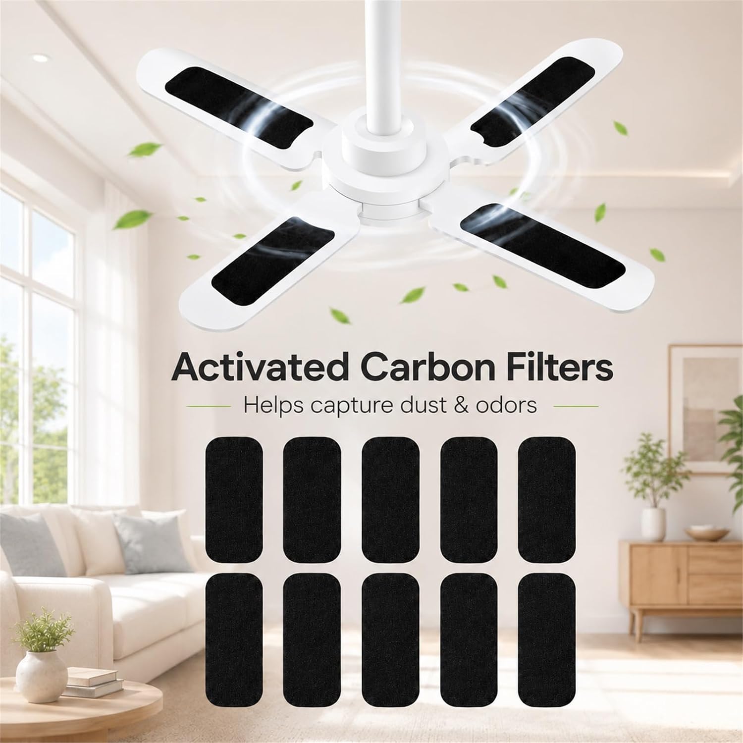 GOOGO 10 Pack Ceiling Fan Filters for Blades, Activated Carbon Ceiling Fan Filter Pads, Fan Filters for Ceiling Fan Blades, Dust Catcher Air Filter Pads for Dust, Odor and Pet Hair Collection