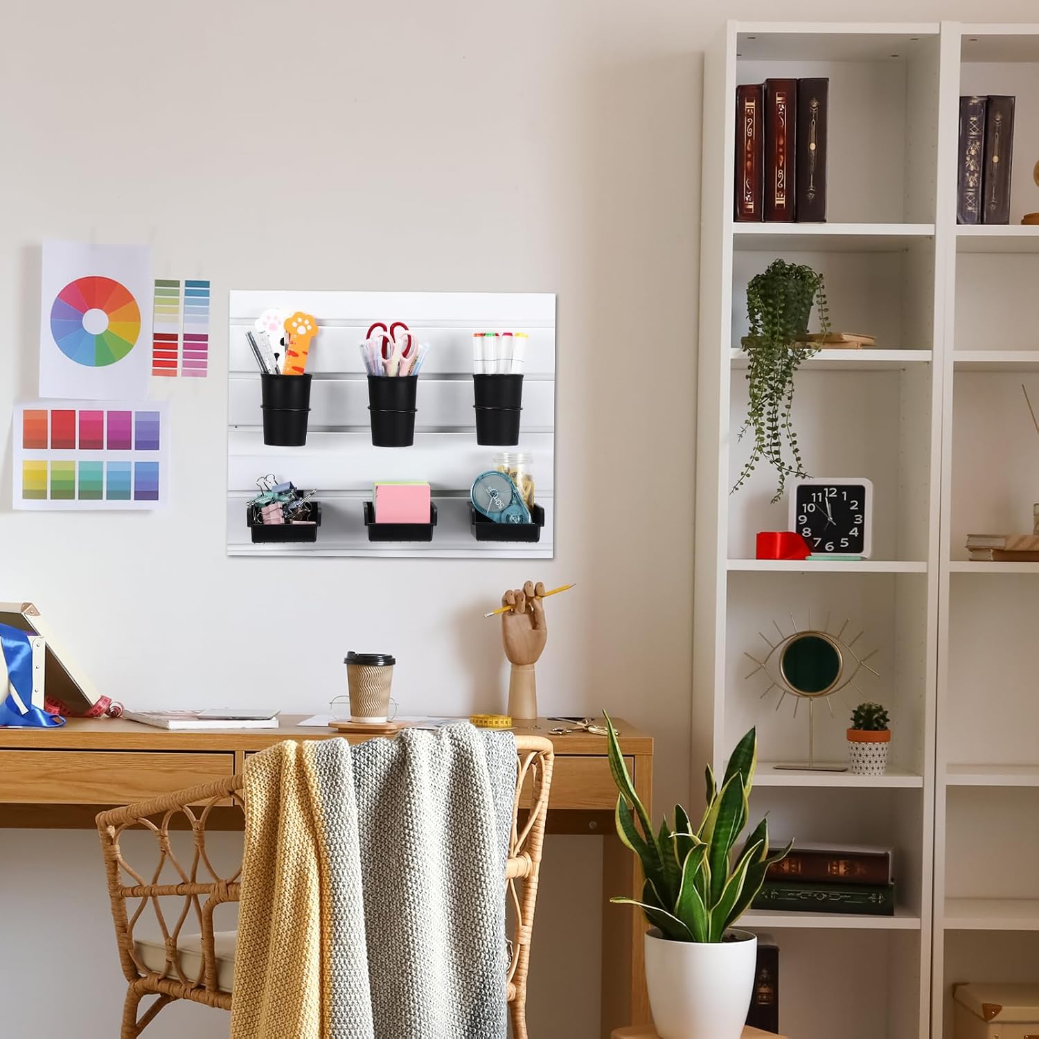 6 Pack Slatwall Cups Bins Plastic Organizer with Hooks and Loops Black Slatwall Accessories Set for Craft Workshop Workbench Hobby Office Tool Shed Hardware Garage