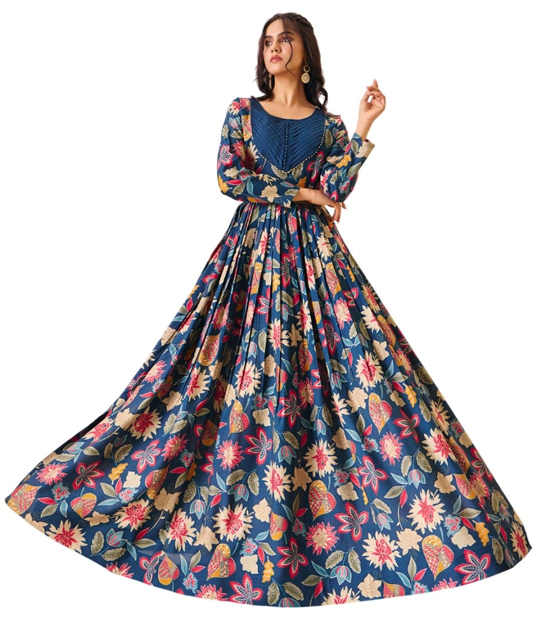 Madhuiram Textiles Women's Vatican Print Flared Anarkali Gown for Women Round Neck Pintex Ethnic Dress(M-2568 Maroon and Morpich)
