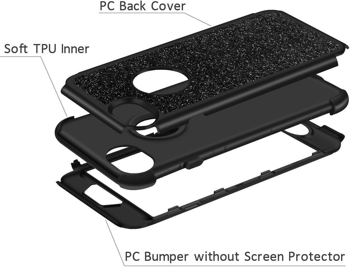 SAMONPOW 3 in 1 Bling Glitter Cover Case for iPhone 7 Case Full Body Protection Sparkle Hard PC Soft Silicone Inner Heavy Duty Bumper Case for iPhone 7 iPhone 8 iPhone SE 2020 4.7 inch Black