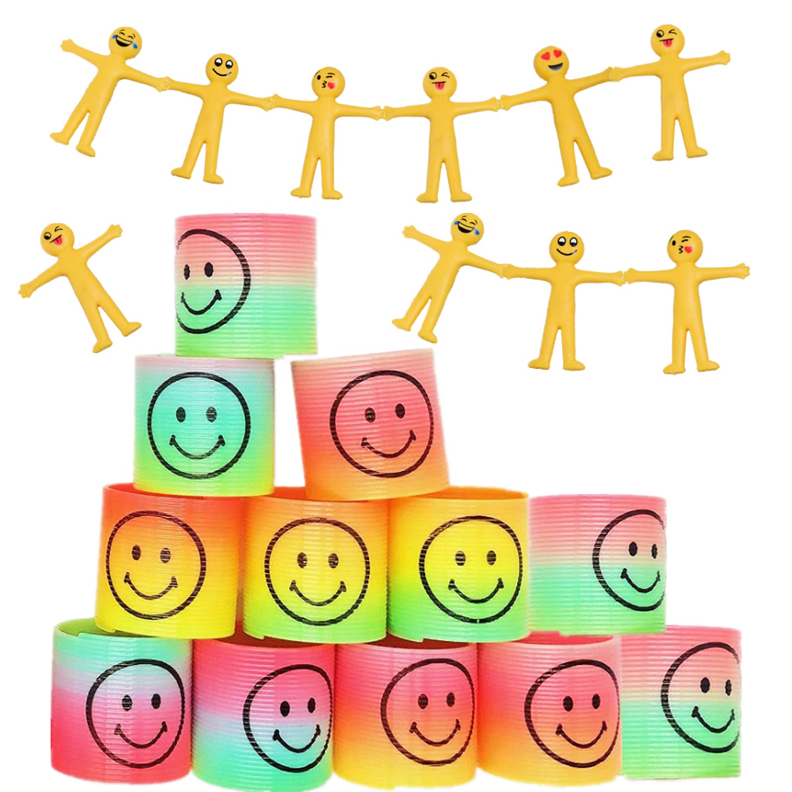 12pcs Mini Rainbow Smiley Face Springs Toys and 10pcs Yellow Strechy Smiley Men Toys Party Gift Bag Toys for Kids Pinata Stocking Fillers Party Bag Fillers,Classroom Prizes &Rewards Toys for Kids