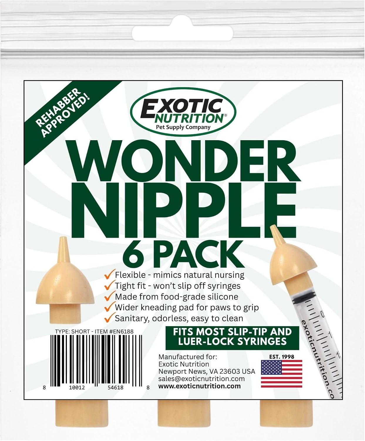 Wonder Nipple - Nursing Nipple for Baby Animals - Handfeeding Baby Squirrels, Sugar Gliders, Hedgehogs, Guinea Pigs, Raccoons, Prairie Dogs, Opossums, and More! (Short)