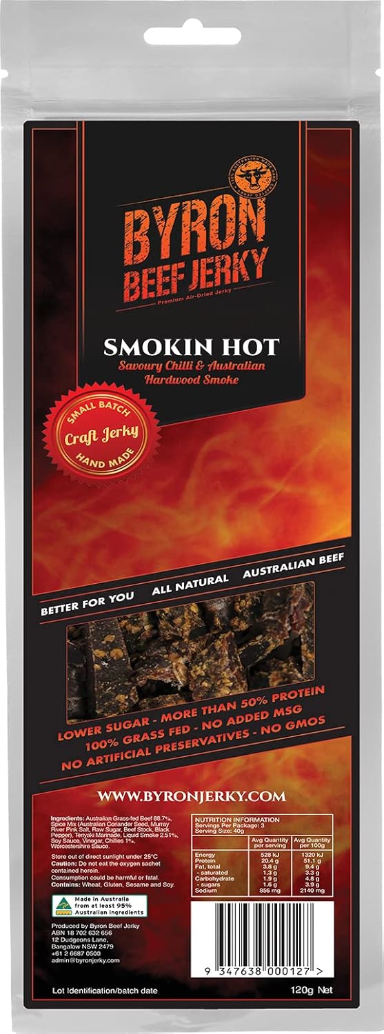120 g of Byron Beef Jerky Premium AirDried Jerky (Smokin' Hot) Pantry Food