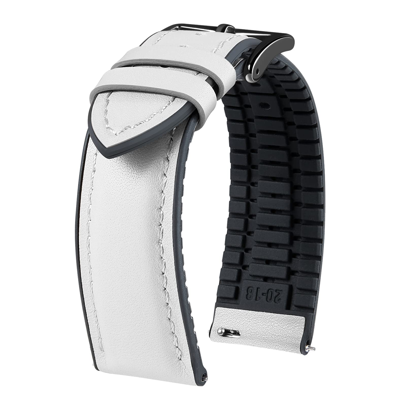 BINLUN Leder Silikon Uhrenarmbänder 14mm 16mm 18mm 19mm 20mm 21mm 22mm Schnellverschluss Hybrid Gummi Lederarmband für Smartwatches 6 Farben Herren Damen（Weiß,22mm,Schwarze Schnalle