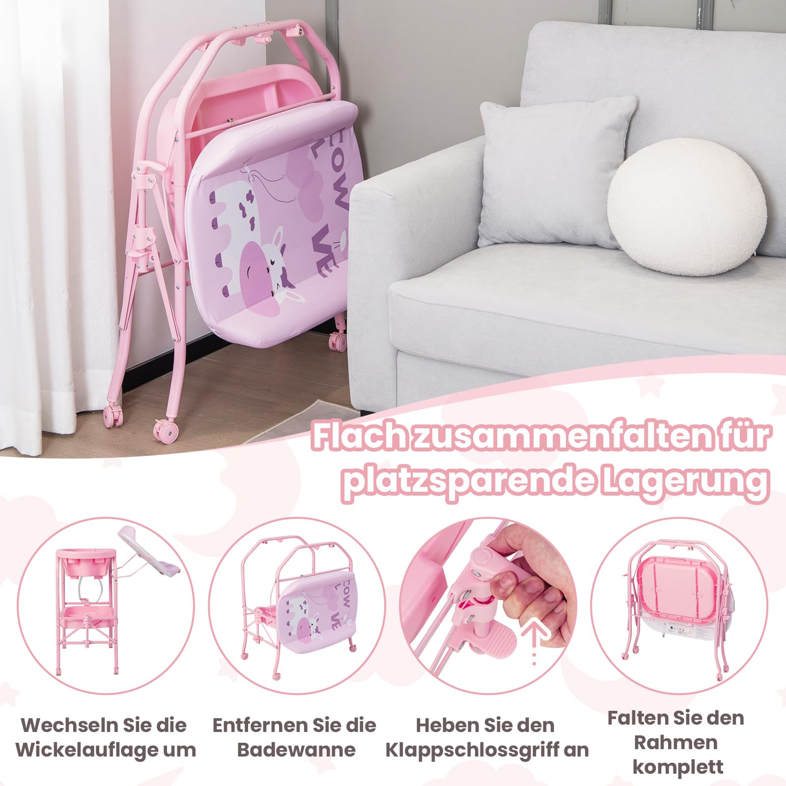 COSTWAY 4 in 1 Wickeltisch klappbar mit Badewanne, tragbare Wickelkommode mit Wickelauflage, mobile Wickelstation mit Universalrädern für 0-12 Monate Baby, bis 35 kg belastbar (Rosa)